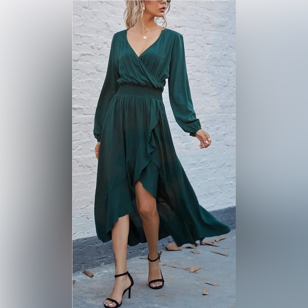 Kormei Women’s long sleeve high low V-Neck Flowy party long Maxi dress